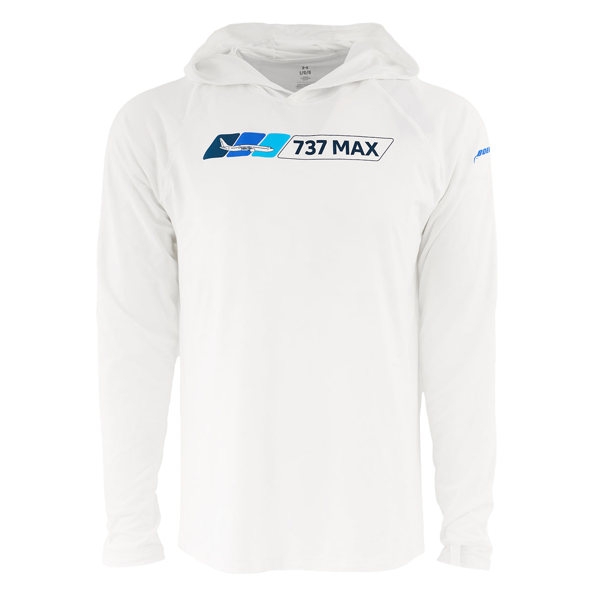 The BOEING 737 MAX Velocity Unisex Tech Stretch Hoodie is a white long-sleeve hooded shirt with a blue and black 737 MAX logo on the chest, a small blue sleeve emblem, and is made from moisture-wicking high-performance fabric.