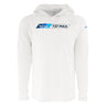 The BOEING 737 MAX Velocity Unisex Tech Stretch Hoodie is a white long-sleeve hooded shirt with a blue and black 737 MAX logo on the chest, a small blue sleeve emblem, and is made from moisture-wicking high-performance fabric.