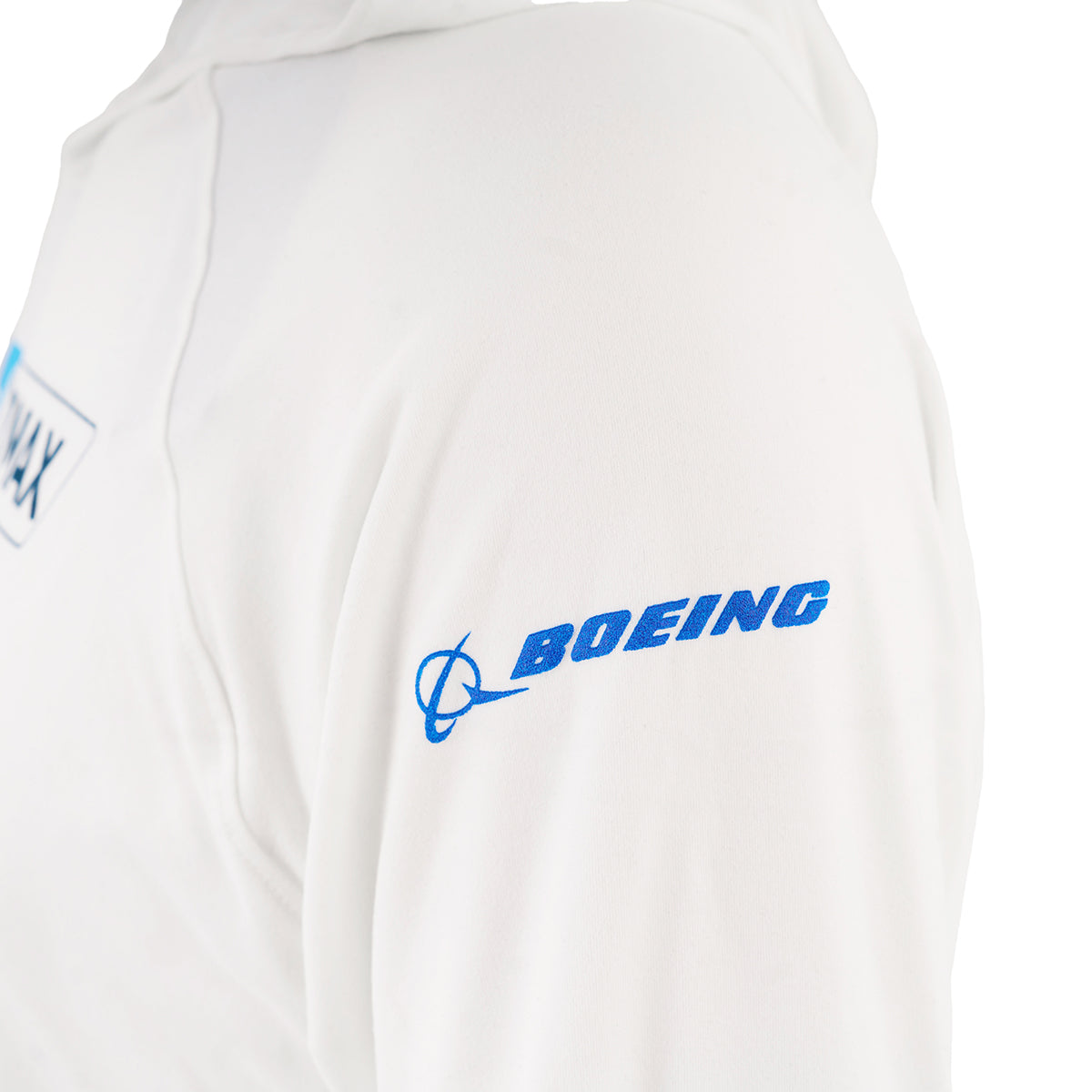 Close-up of the BOEING 737 MAX Velocity Unisex Tech Stretch Hoodie sleeve shows the blue Boeing logo and text on the upper arm. Made from high-performance fabric, it delivers a sleek look on a plain white background.