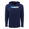 The Boeing 777X Velocity Unisex Tech Stretch Hoodie by BOEING features an athletic fit in navy blue, a 777X logo, and stylized blue and white chest design, shown on a plain white background.