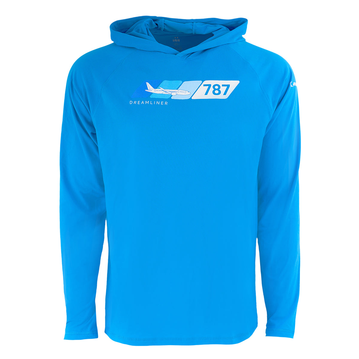 The Boeing 787 Dreamliner Velocity Unisex Tech Stretch Hoodie by BOEING is a bright blue, long-sleeve top with a white airplane graphic and 787 Dreamliner text on the chest. It features high-performance stretch fabric and a relaxed fit.