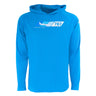 The Boeing 787 Dreamliner Velocity Unisex Tech Stretch Hoodie by BOEING is a bright blue, long-sleeve top with a white airplane graphic and 787 Dreamliner text on the chest. It features high-performance stretch fabric and a relaxed fit.