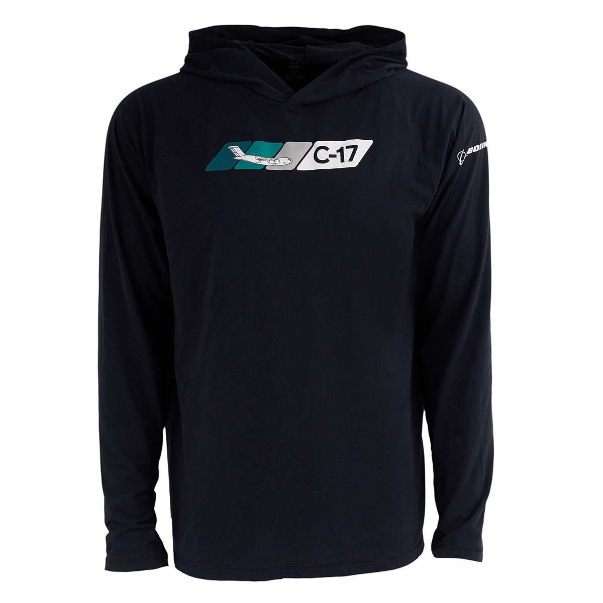 The Boeing C-17 Globemaster Velocity Unisex Tech Stretch Hoodie by BOEING is a black, high-performance, long-sleeve hoodie with a hood, featuring a C-17 graphic over teal and gray shapes, “C-17” on the chest, and a white logo on the left sleeve.