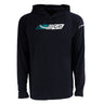 The Boeing C-17 Globemaster Velocity Unisex Tech Stretch Hoodie by BOEING is a black, high-performance, long-sleeve hoodie with a hood, featuring a C-17 graphic over teal and gray shapes, “C-17” on the chest, and a white logo on the left sleeve.