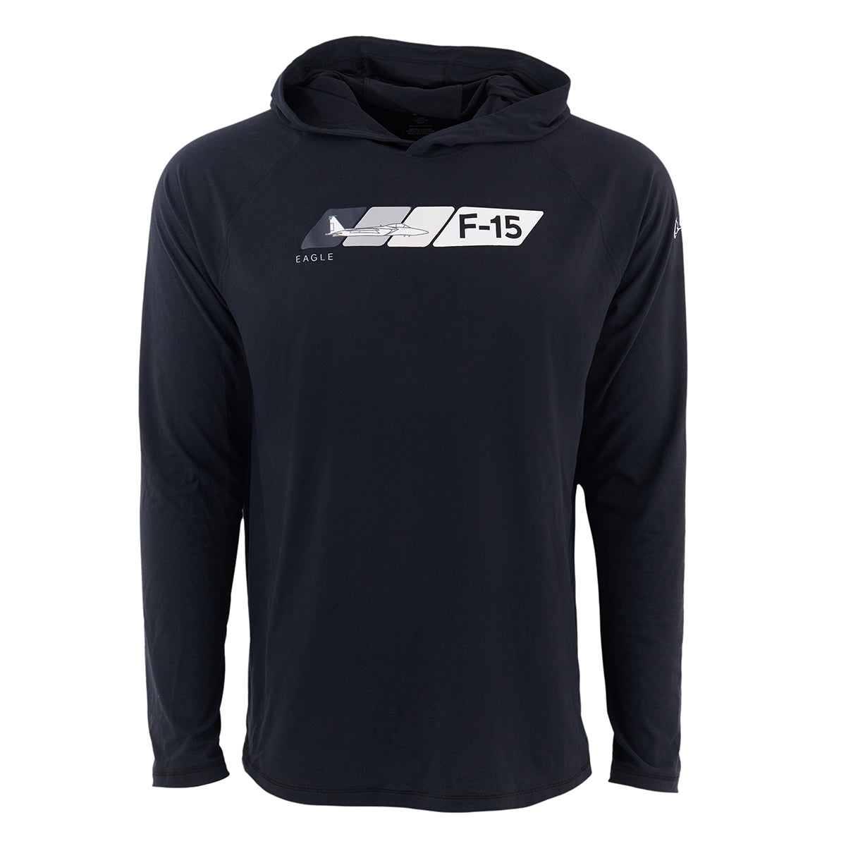 The BOEING F-15 Eagle Velocity Unisex Tech Stretch Hoodie is a black, long-sleeve athletic-fit hoodie with a jet graphic and Eagle, F-15 text on the chest, shown on a plain white background.