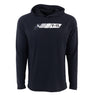 The BOEING F-15 Eagle Velocity Unisex Tech Stretch Hoodie is a black, long-sleeve athletic-fit hoodie with a jet graphic and Eagle, F-15 text on the chest, shown on a plain white background.