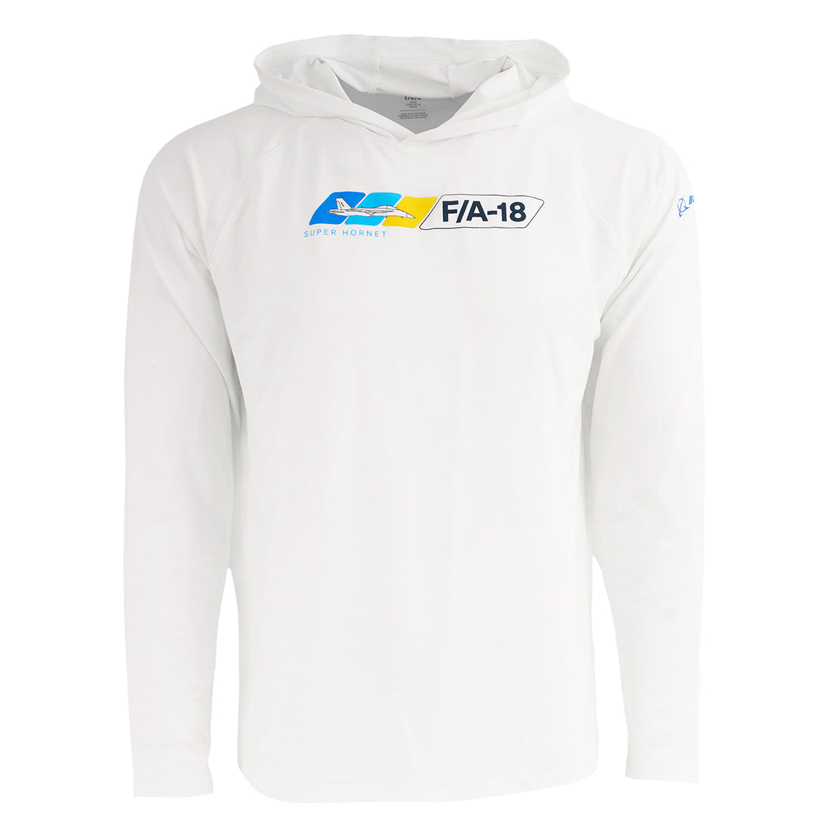 The BOEING F/A-18 Super Hornet Velocity Unisex Tech Stretch Hoodie is white, with long sleeves, an athletic fit, and a bold blue and yellow chest graphic.