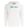 The BOEING F/A-18 Super Hornet Velocity Unisex Tech Stretch Hoodie is white, with long sleeves, an athletic fit, and a bold blue and yellow chest graphic.