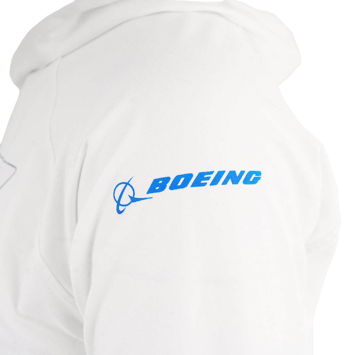 A close-up of the Boeing F/A-18 Super Hornet Velocity Unisex Tech Stretch Hoodie in white, featuring the BOEING logo in blue on the upper sleeve.