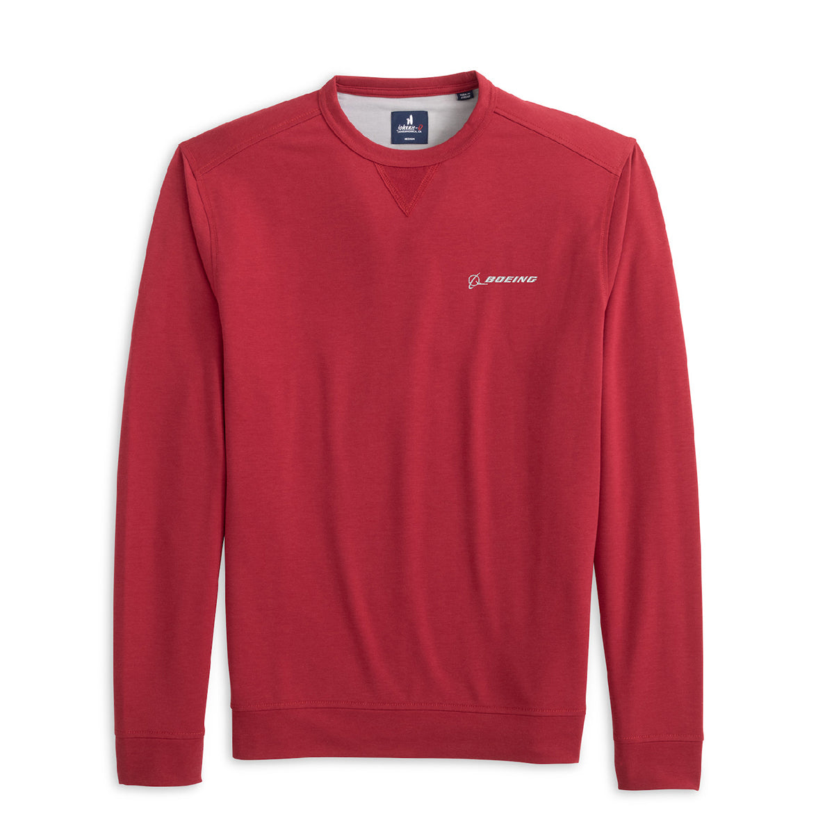 The johnnie-O Boeing Men’s Reilly Ultralight Crewneck is a red long-sleeve sweatshirt with a small white Boeing logo, made from moisture-wicking Dri-Release fabric and finished with ribbed collar, cuffs, and hem.