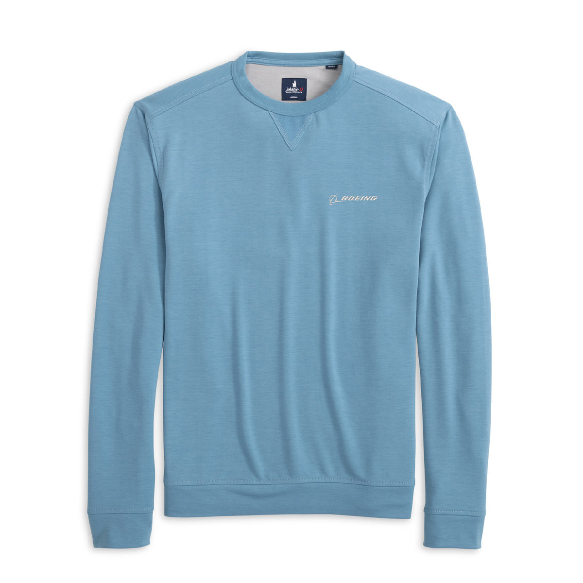 The johnnie-O Boeing Men’s Reilly Ultralight Crewneck is a light blue sweatshirt with subtle stitching and Boeing embroidered in white, offering four-way stretch comfort in a simple, versatile style.