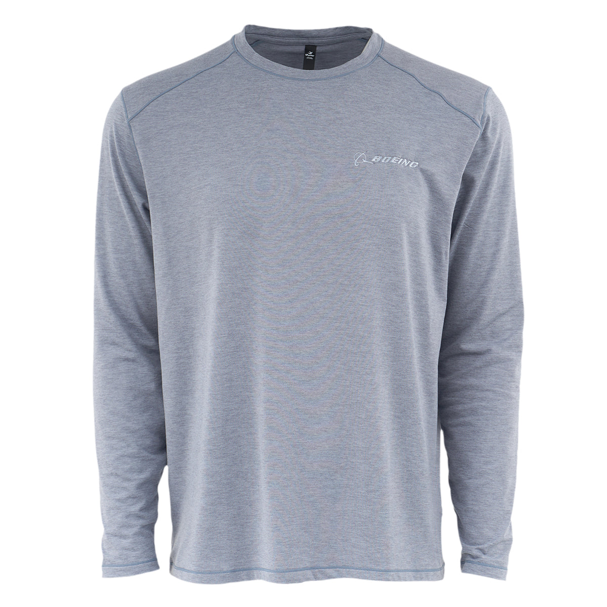 The Glyder Boeing Men’s Dash Crewneck by BOEING is a lightweight light gray long-sleeve top with a crew neck, subtle seam details, and a small white Rugeno logo on the left chest. Shown on a plain white background.