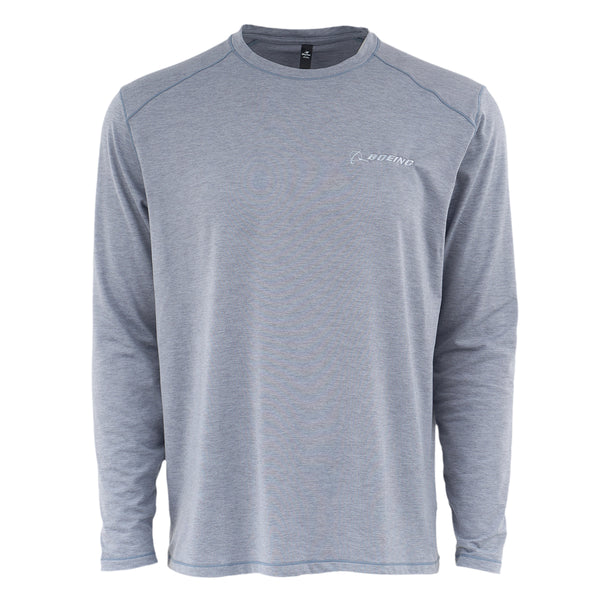 The Glyder Boeing Men’s Dash Crewneck by BOEING is a lightweight light gray long-sleeve top with a crew neck, subtle seam details, and a small white Rugeno logo on the left chest. Shown on a plain white background.