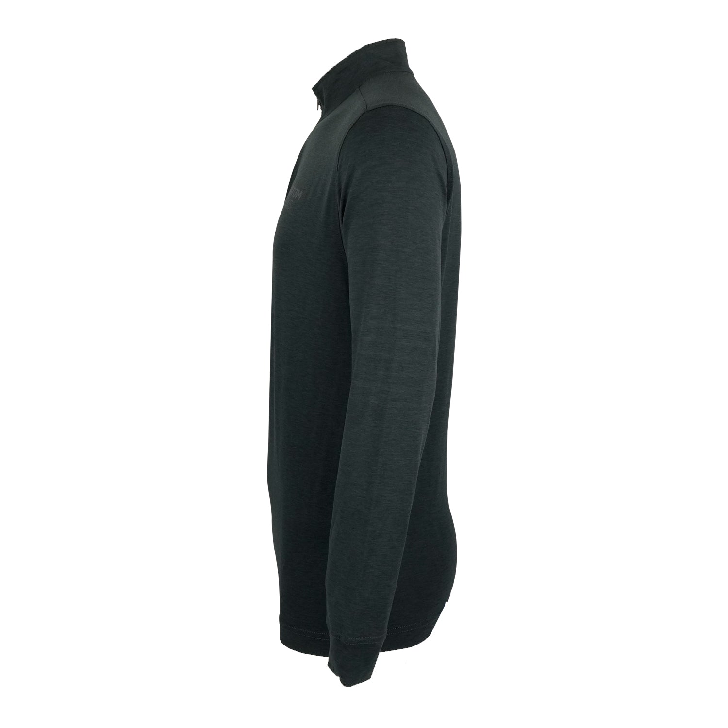 The Boeing Phantom Works 2025 Men’s Quarter-Zip by BOEING is a sleek, fitted dark long-sleeve shirt inspired by military aviation. Featuring a quarter-zip and no visible logos or patterns, it’s shown from the right side against a white background.
