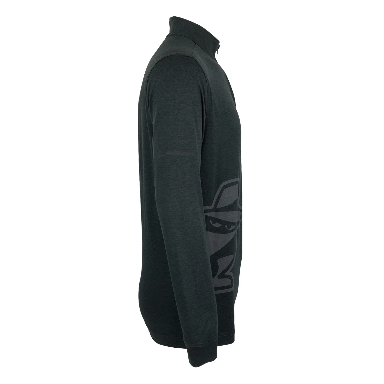 Side view of the Boeing Phantom Works 2025 Men’s Quarter-Zip by BOEING, a dark long-sleeve pullover with a stand-up collar, fitted design, and a subtle masked figure graphic on the lower side, inspired by military aviation.