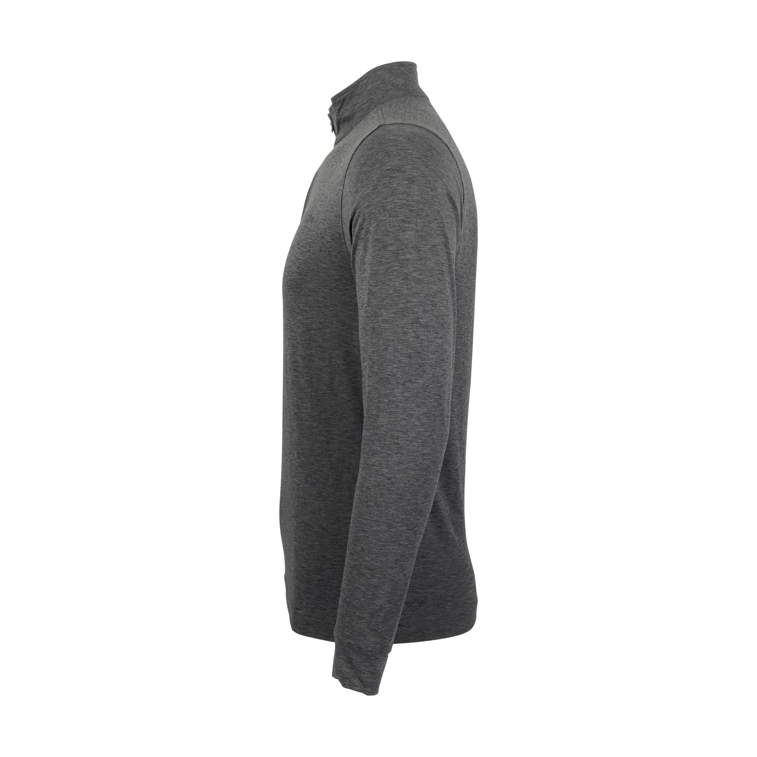 Side view of the Boeing Phantom Works 2025 Men’s Quarter-Zip by BOEING in dark gray, featuring long sleeves and a high collar, displayed on a white background. The lightweight design is inspired by military aviation.