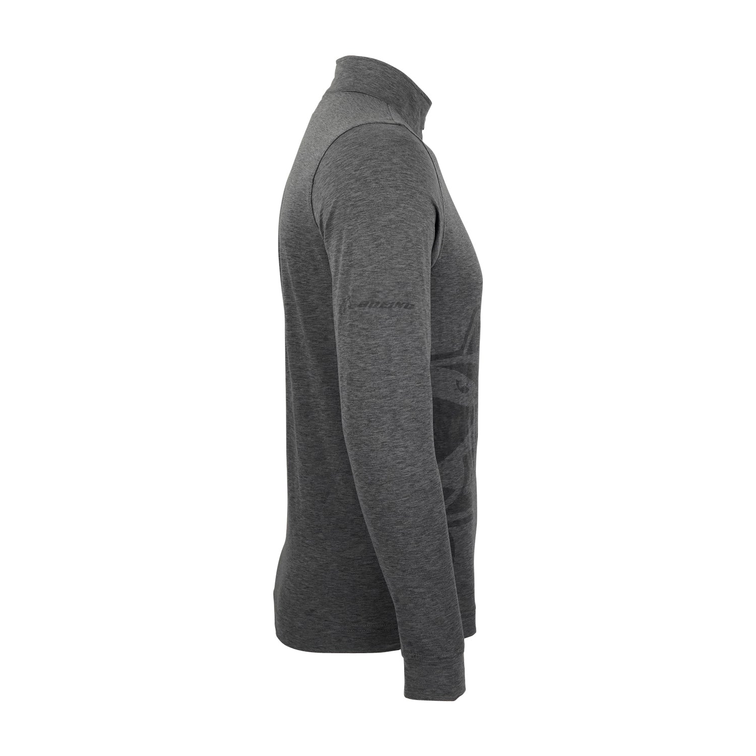Side view of the Boeing Phantom Works 2025 Men’s Quarter-Zip by BOEING in heather gray, with long sleeves, a mock neck, and a subtle upper-arm logo, inspired by military aviation, shown on a plain white background.