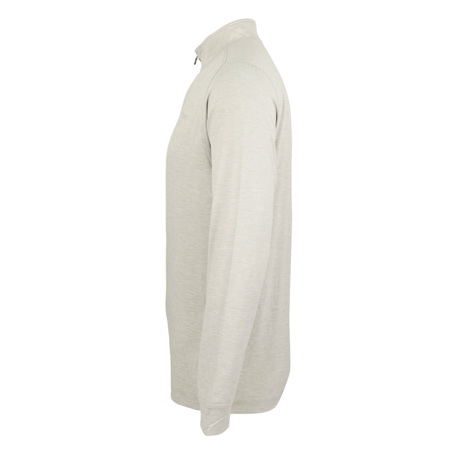 The Boeing Phantom Works 2025 Men’s Quarter-Zip by BOEING is shown in light gray on a white background, side profile, with a standing collar inspired by military aviation and no visible logos or patterns.