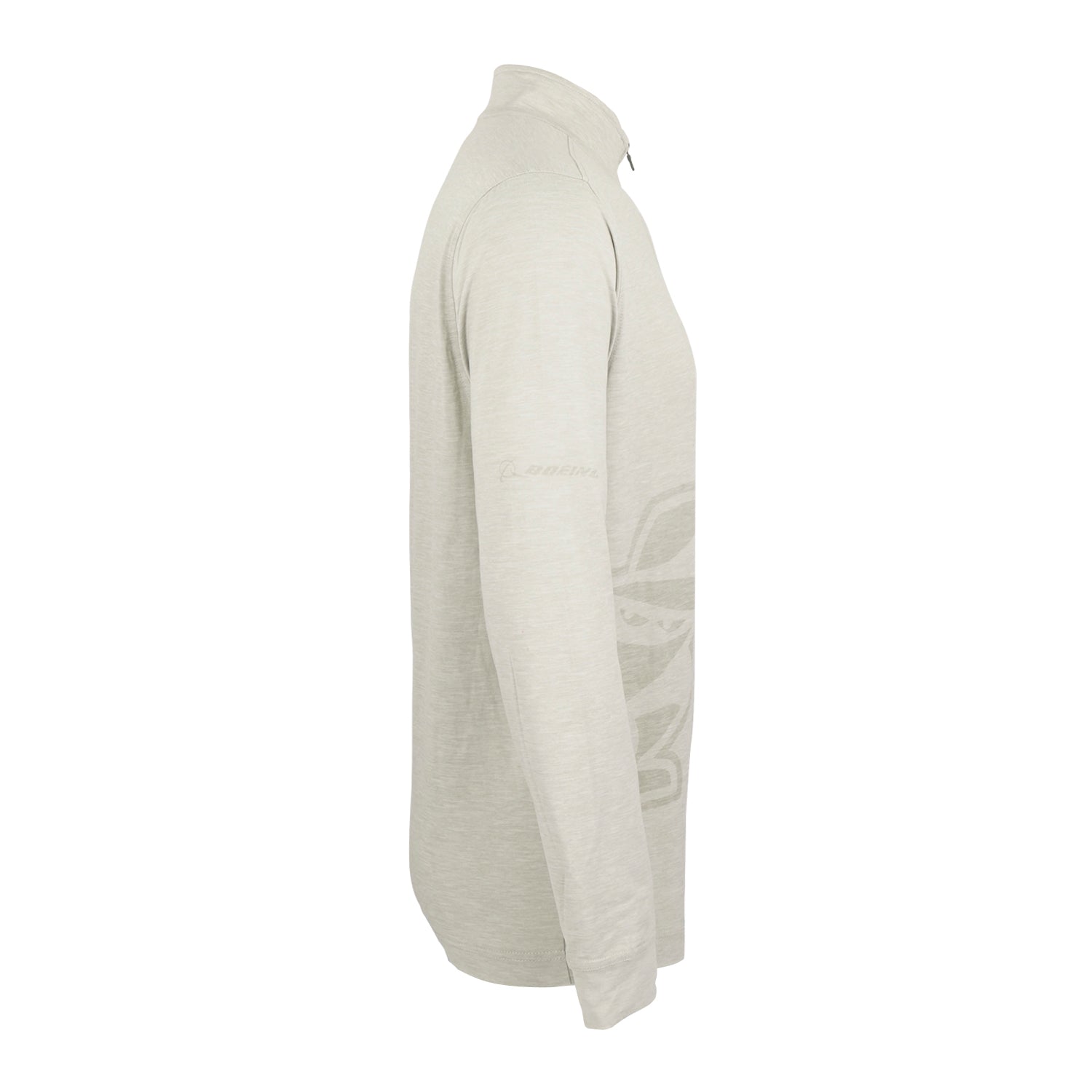 The Boeing Phantom Works 2025 Men’s Quarter-Zip by BOEING is shown from the side in light gray, with a high collar and subtle military aviation-inspired patterns on the chest and sleeve. Features a plain, relaxed fit.