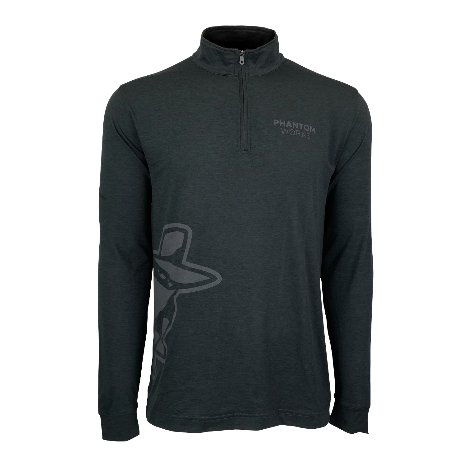 The Boeing Phantom Works 2025 Men’s Quarter-Zip by BOEING is a dark long-sleeve with Phantom Works text on the chest and a mysterious hat-wearing figure graphic printed along the lower side, inspired by cutting-edge aerospace technology.