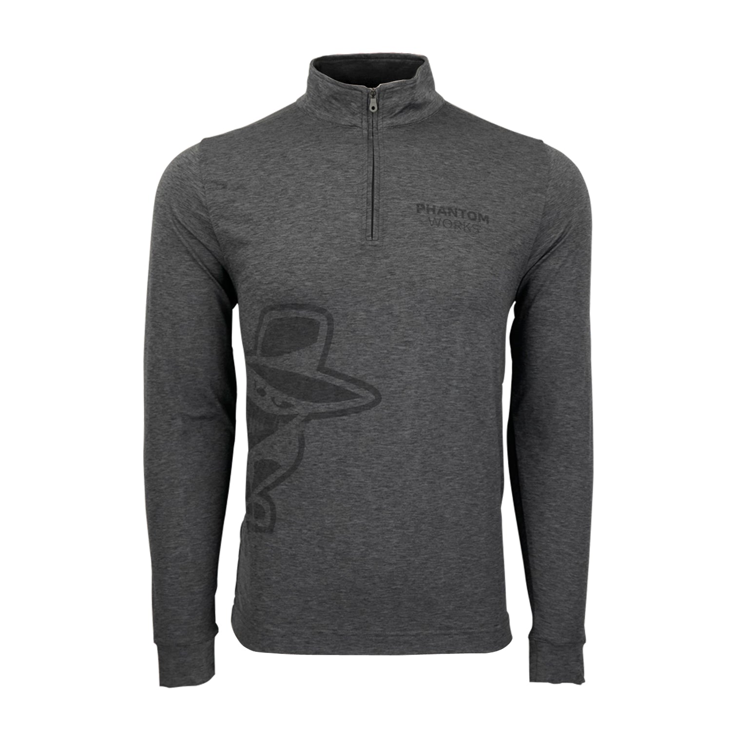 The Boeing Phantom Works 2025 Men’s Quarter-Zip by BOEING is a gray long-sleeve pullover with a subtle left-side graphic, PHANTOM VICTORY text on the chest, stand-up collar, and fitted cuffs, inspired by Phantom Works and military aviation.