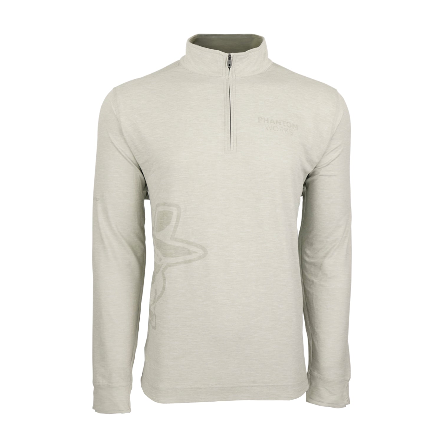The BOEING Phantom Works 2025 Men’s Quarter-Zip is a light gray long-sleeve pullover with a quarter-zip front, stand-up collar, subtle Phantom Works logo on the chest, and an abstract aerospace-inspired design on the left side.