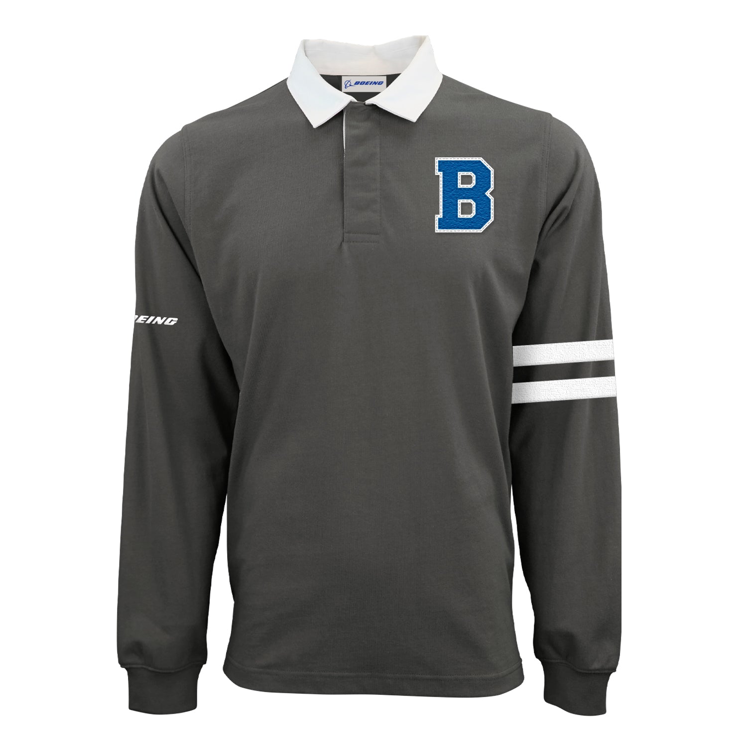The Boeing Men's Varsity Rugby Polo by BOEING is a dark gray long sleeve 100% cotton jersey shirt with a white collar, two white stripes on the right sleeve, a blue "B" patch, and "Boeing" on the left sleeve.