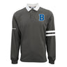 The Boeing Men's Varsity Rugby Polo by BOEING is a dark gray long sleeve 100% cotton jersey shirt with a white collar, two white stripes on the right sleeve, a blue "B" patch, and "Boeing" on the left sleeve.
