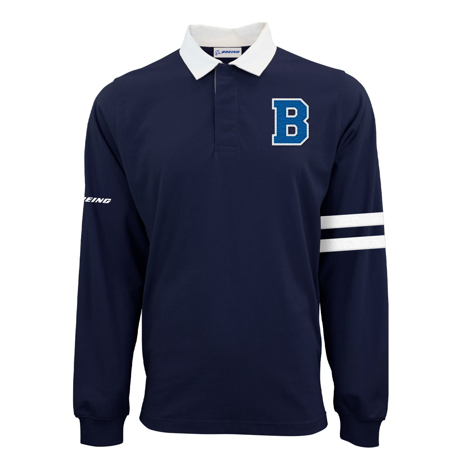 The Boeing Men’s Varsity Rugby Polo by BOEING is 100% cotton jersey in navy, with a white collar, two white stripes on the right sleeve, bold blue “B” on the chest, and Boeing text running along the right sleeve.