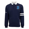 The Boeing Men’s Varsity Rugby Polo by BOEING is 100% cotton jersey in navy, with a white collar, two white stripes on the right sleeve, bold blue “B” on the chest, and Boeing text running along the right sleeve.