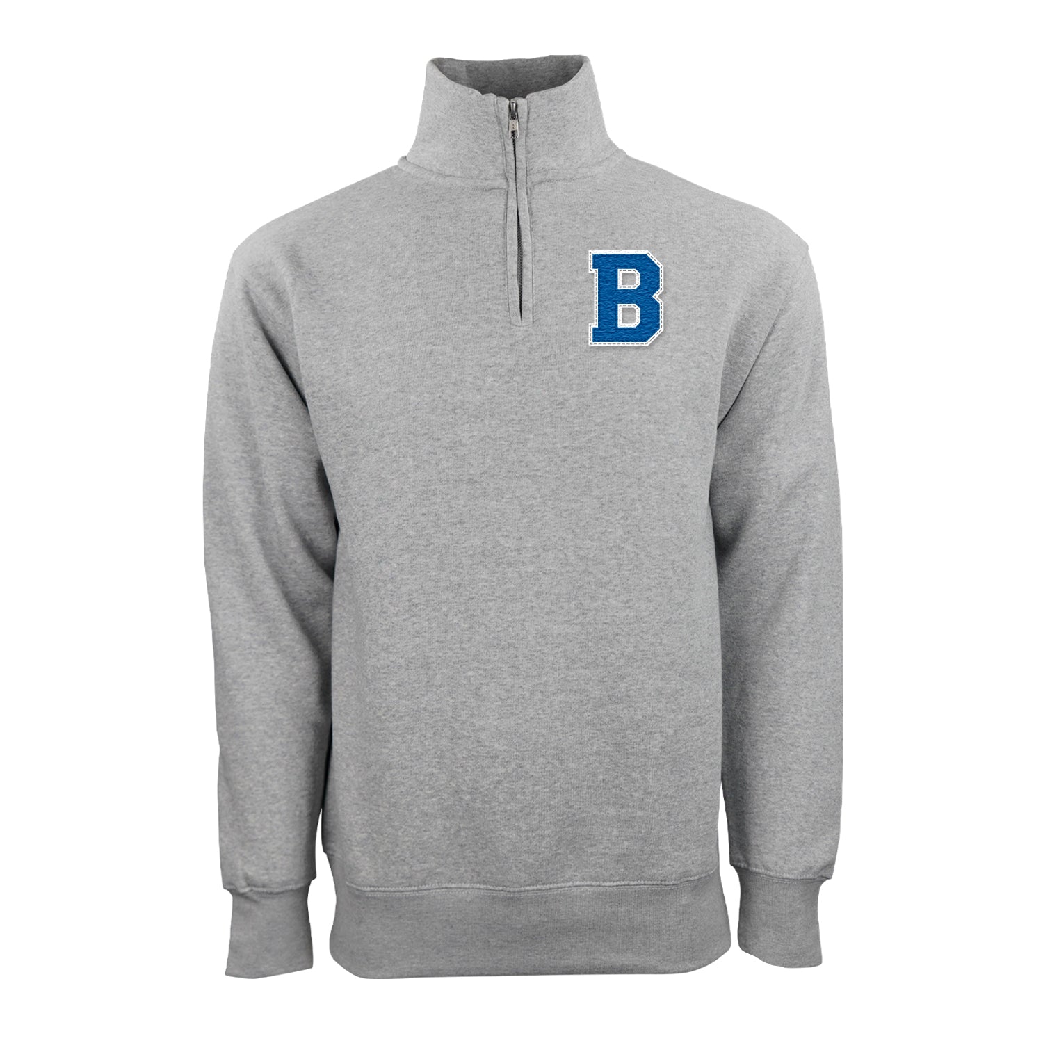 The Boeing Men's Varsity Quarter-Zip Pullover features a light gray design, blue letter B patch on the left chest, long sleeves, ribbed cuffs and hem, and soft brushed back fleece for comfort.
