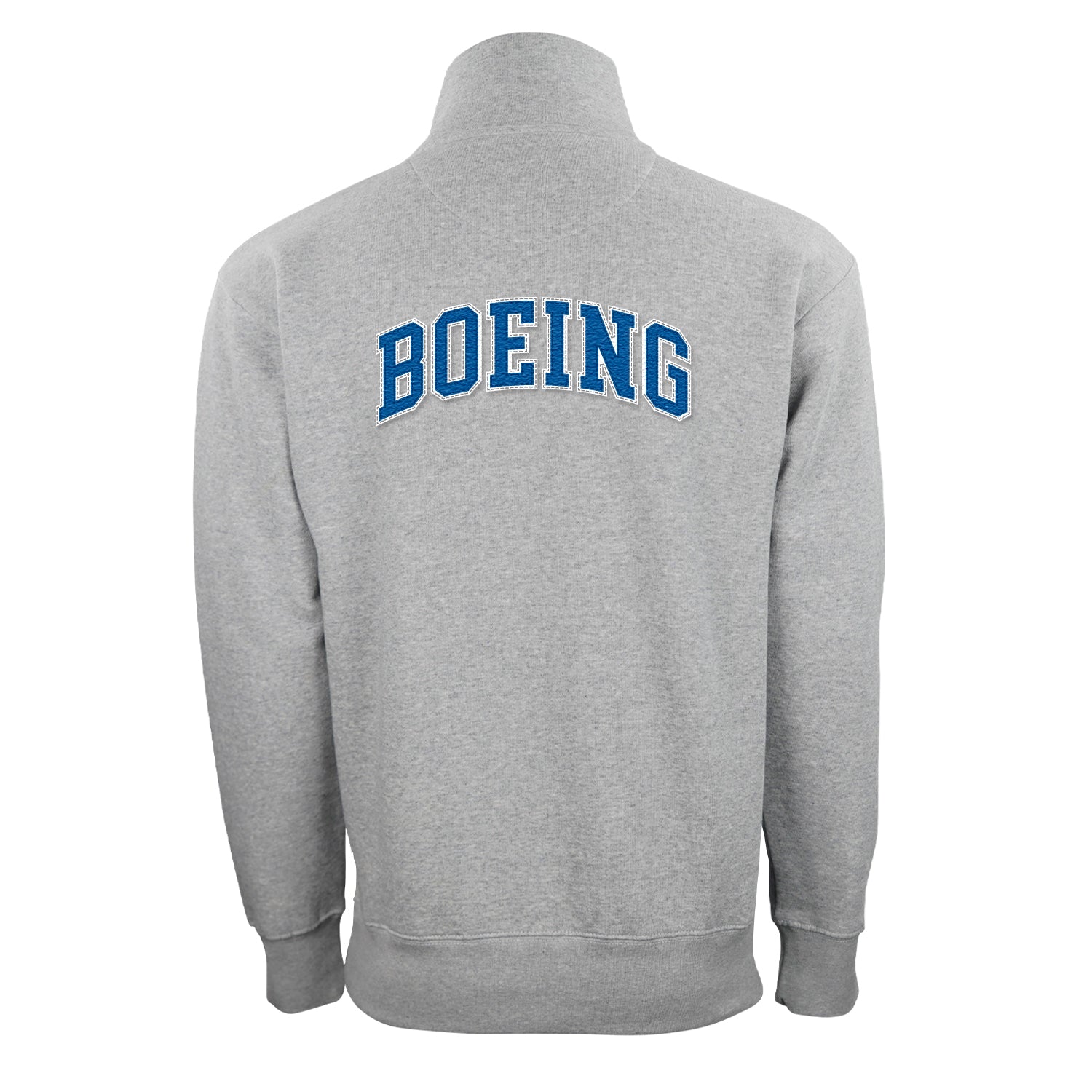 The Boeing Men's Varsity Quarter-Zip Pullover by BOEING features a gray design with large blue BOEING lettering across the upper back, long sleeves, a high collar, and soft brushed back fleece for comfort.