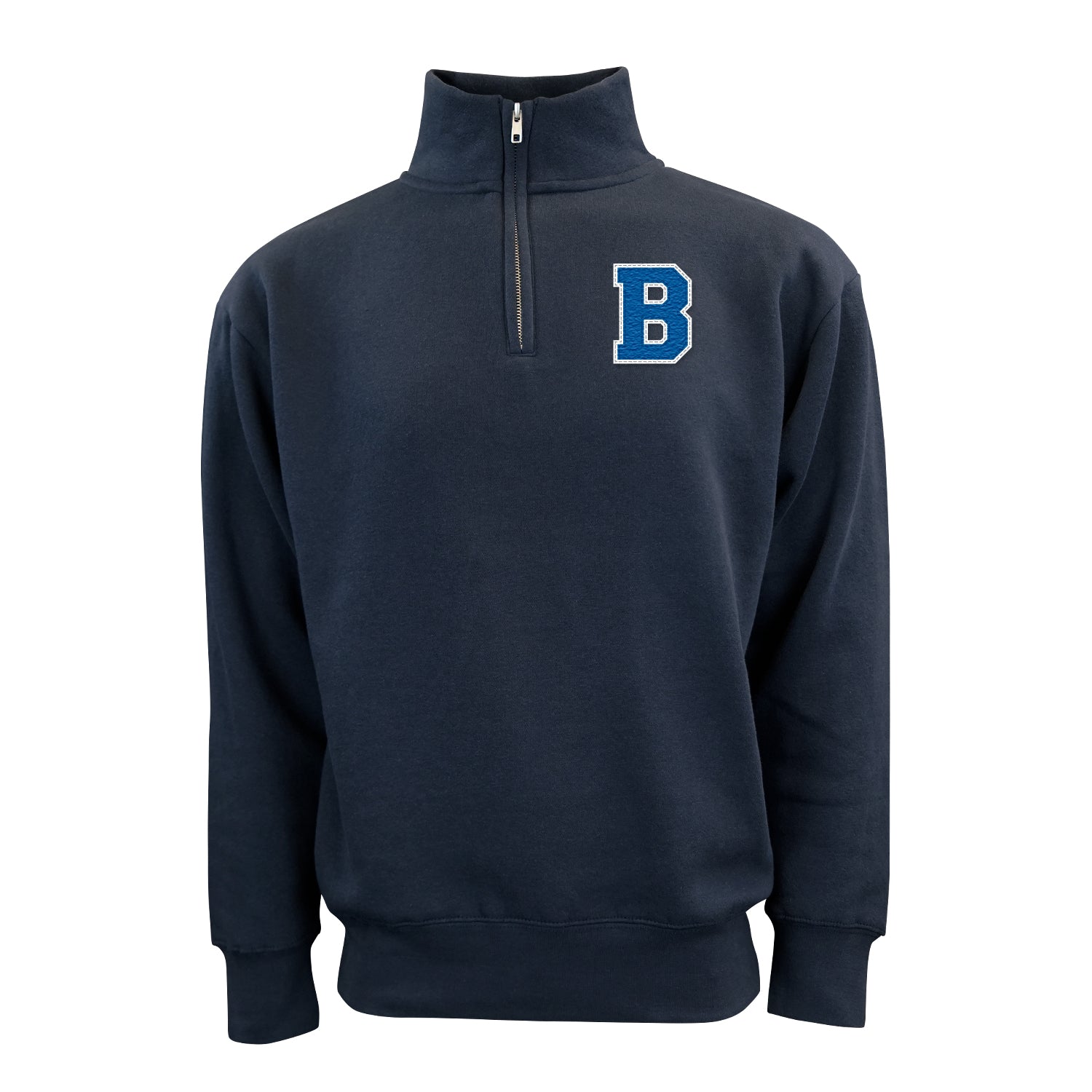 The Boeing Men's Varsity Quarter-Zip Pullover by BOEING features a navy brushed back fleece, high collar, large blue B patch on the left chest, long sleeves, and ribbed cuffs and hem.