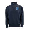The Boeing Men's Varsity Quarter-Zip Pullover by BOEING features a navy brushed back fleece, high collar, large blue B patch on the left chest, long sleeves, and ribbed cuffs and hem.