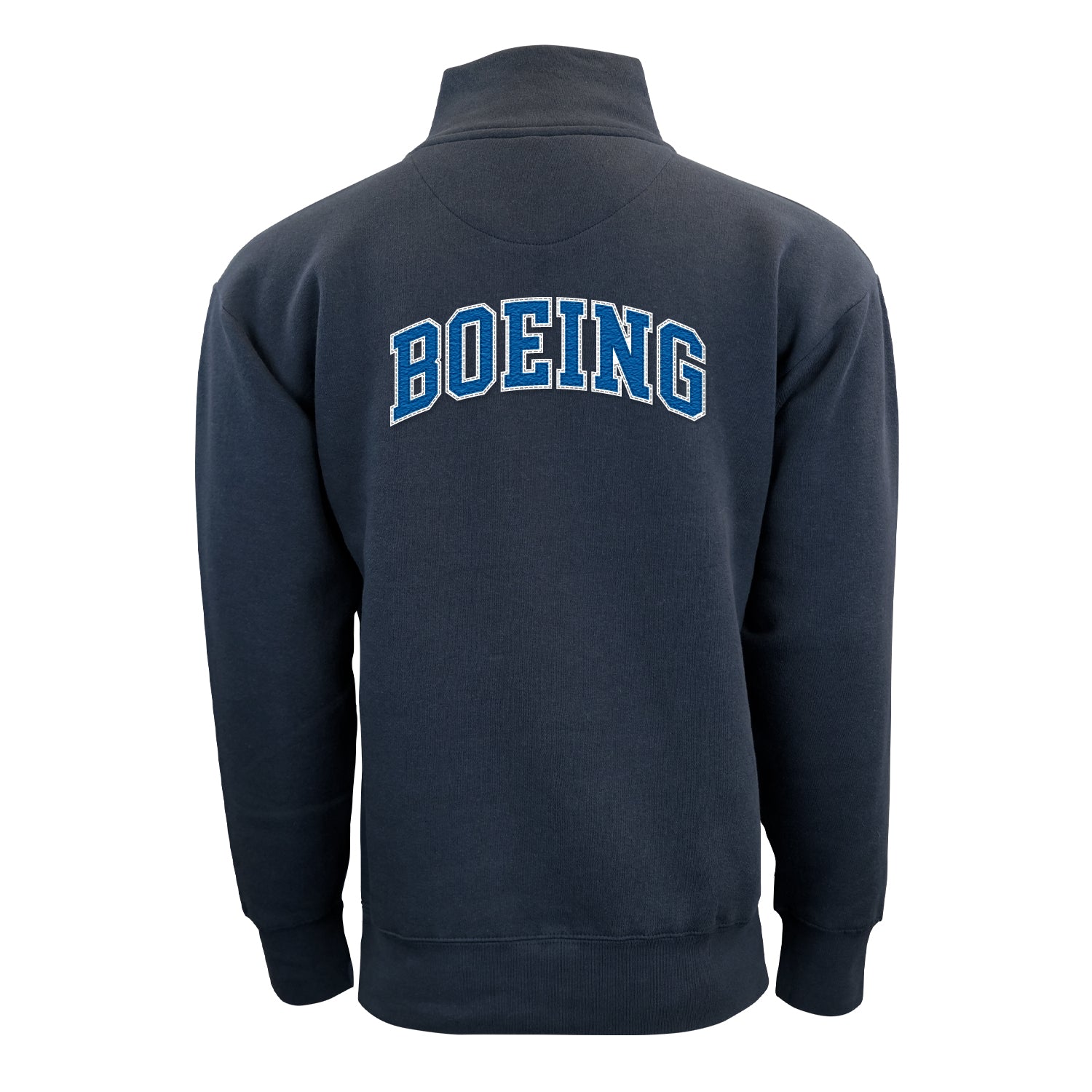 The Boeing Men's Varsity Quarter-Zip Pullover by BOEING is shown from the back, featuring large blue and white outlined "BOEING" lettering across the upper back in a classic navy fleece, quarter-zip style.