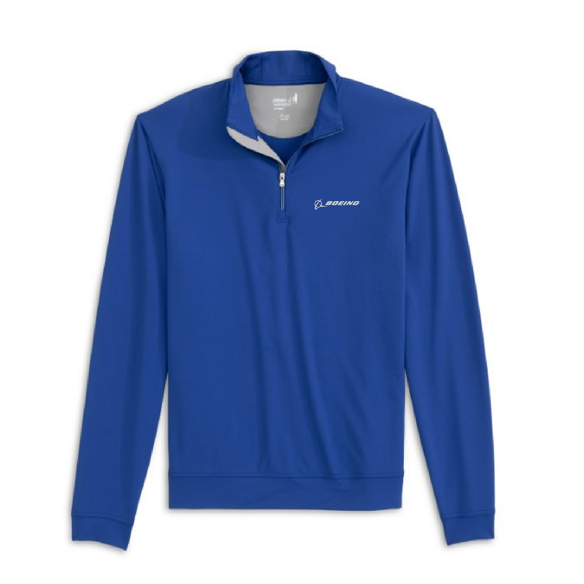 Stay comfortable on the course in the BOEING johnnie-O Men’s Motion Quarter Zip, a royal blue pullover with long sleeves, white zipper, moisture-wicking fabric, and a white Boeing logo on the left chest.