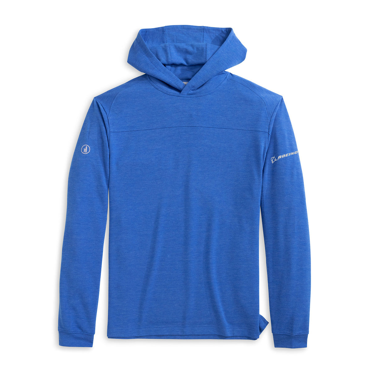 A men’s johnnie-O Boeing Remmy Pick-Up Polo, lightweight and blue with UPF 50 sun protection, features the Boeing logo on the left sleeve and a small round emblem on the right sleeve, laid flat on a white background.