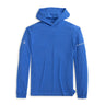 The johnnie-O Boeing Men’s Remmy Pick-Up Hoodie by BOEING is a blue, long-sleeve, lightweight, moisture-wicking shirt with a heathered texture. It features a small circular logo on one sleeve and “BOEING” near the shoulder on the other.