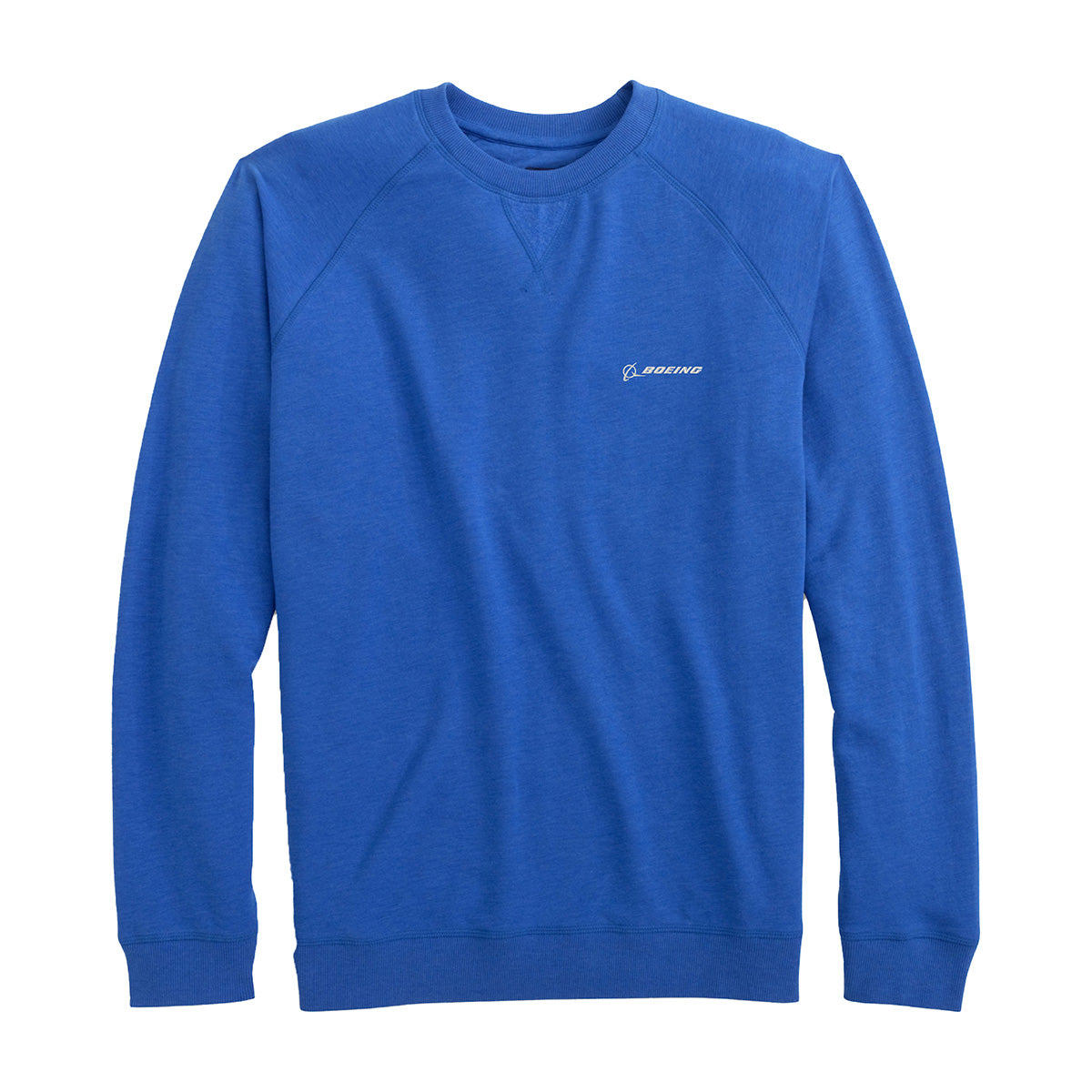 The johnnie-O Boeing Men’s Freeman Fleece Crewneck Sweatshirt by BOEING features a classic fit in plain blue with a small Boeing logo on the left chest, showcasing clean lines and timeless style.