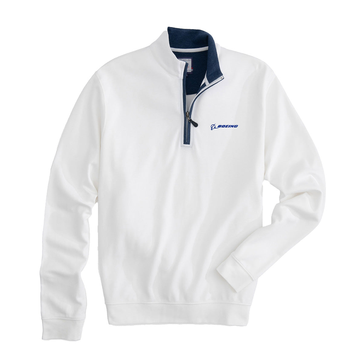 The johnnie-O Boeing Men’s Sully Quarter-Zip is a white pullover with navy zipper and collar lining, featuring a blue embroidered Boeing logo on the left chest and ribbed cuffs for versatile style.