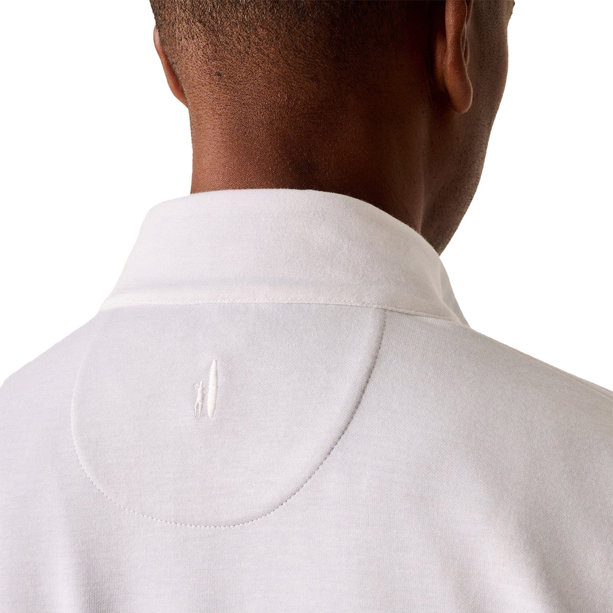 The image shows the back of a person wearing a white johnnie-O Boeing Men’s Sully Quarter-Zip with an embroidered BOEING logo near the collar. The background is plain and light-colored.