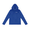 The Boeing Signature Logo Unisex UV Hoodie in royal blue features long sleeves, a hood, UPF 50+ protection, and a small white BOEING logo with "Boeing" on the left chest. Shown flat on a white background.