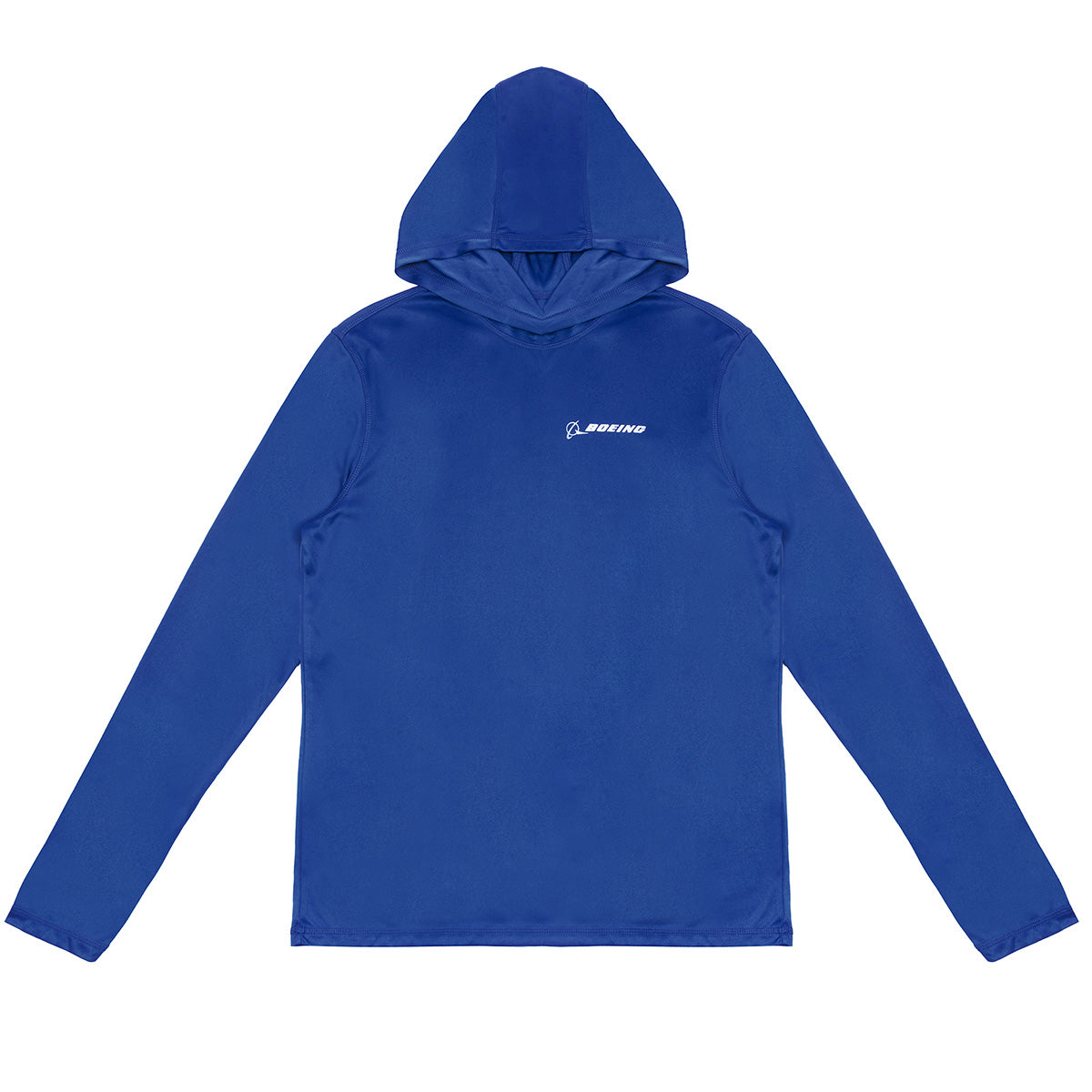 The Boeing Signature Logo Unisex UV Hoodie by BOEING is a royal blue, long-sleeve UPF 50+ hooded shirt with a small white Boeing logo and airplane graphic on the left chest, shown laid flat with arms extended.