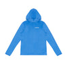 The Boeing Signature Logo Unisex UV Hoodie is a bright blue long-sleeve hooded UPF 50+ shirt featuring the white BOEING logo on the left chest, shown on a white background.