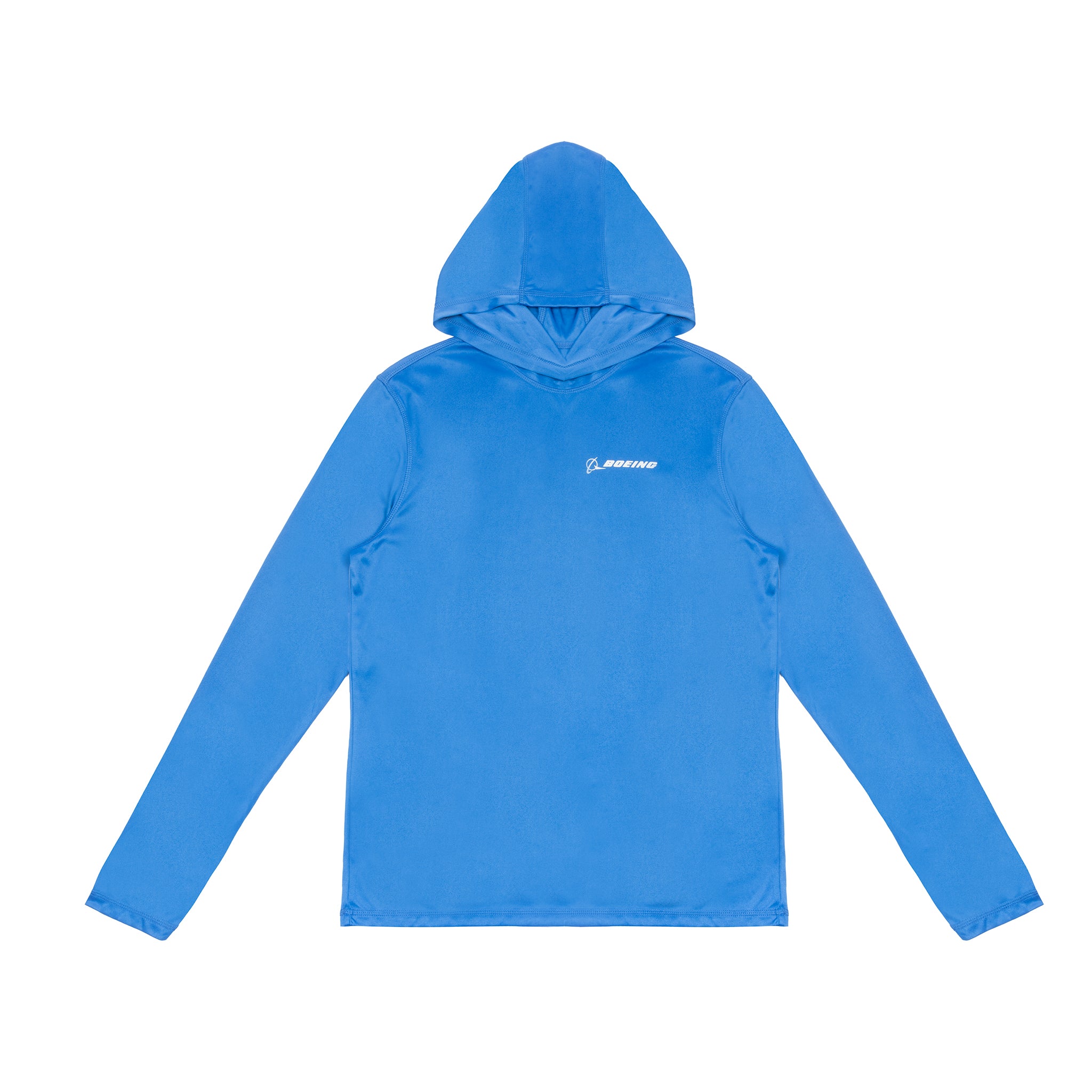The Boeing Signature Logo Unisex UV Hoodie is a bright blue long-sleeve hooded UPF 50+ shirt featuring the white BOEING logo on the left chest, shown on a white background.