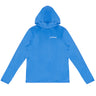 The Boeing Signature Logo Unisex UV Hoodie by BOEING features bright blue quick-dry fabric, a hood, long sleeves, and a small white Boeing logo and icon on the left chest. The shirt is displayed flat on a white background.