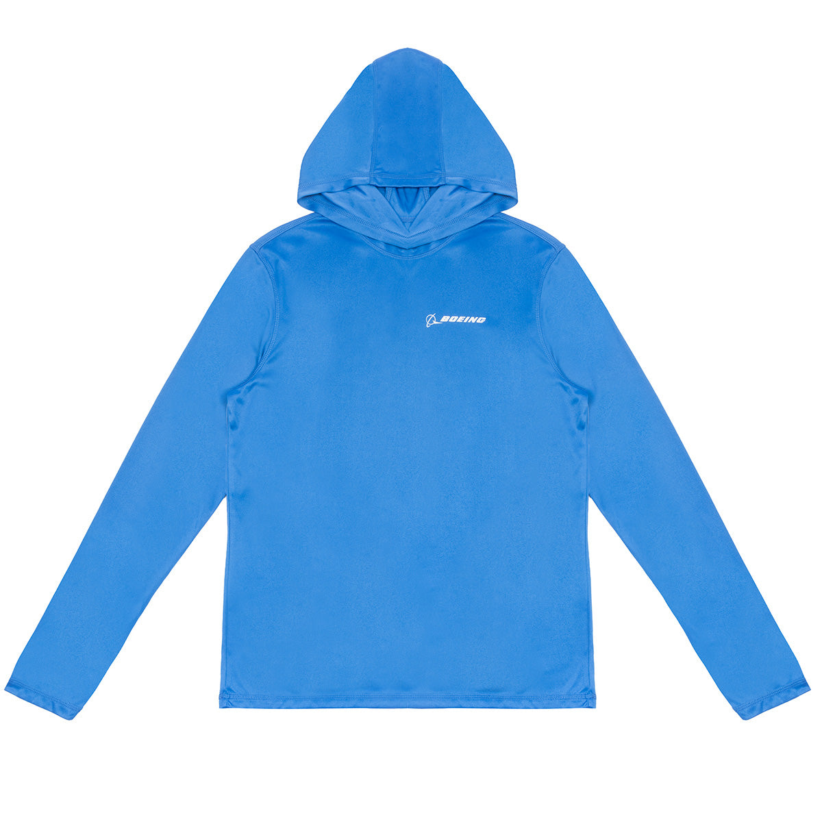The Boeing Signature Logo Unisex UV Hoodie by BOEING features bright blue quick-dry fabric, a hood, long sleeves, and a small white Boeing logo and icon on the left chest. The shirt is displayed flat on a white background.