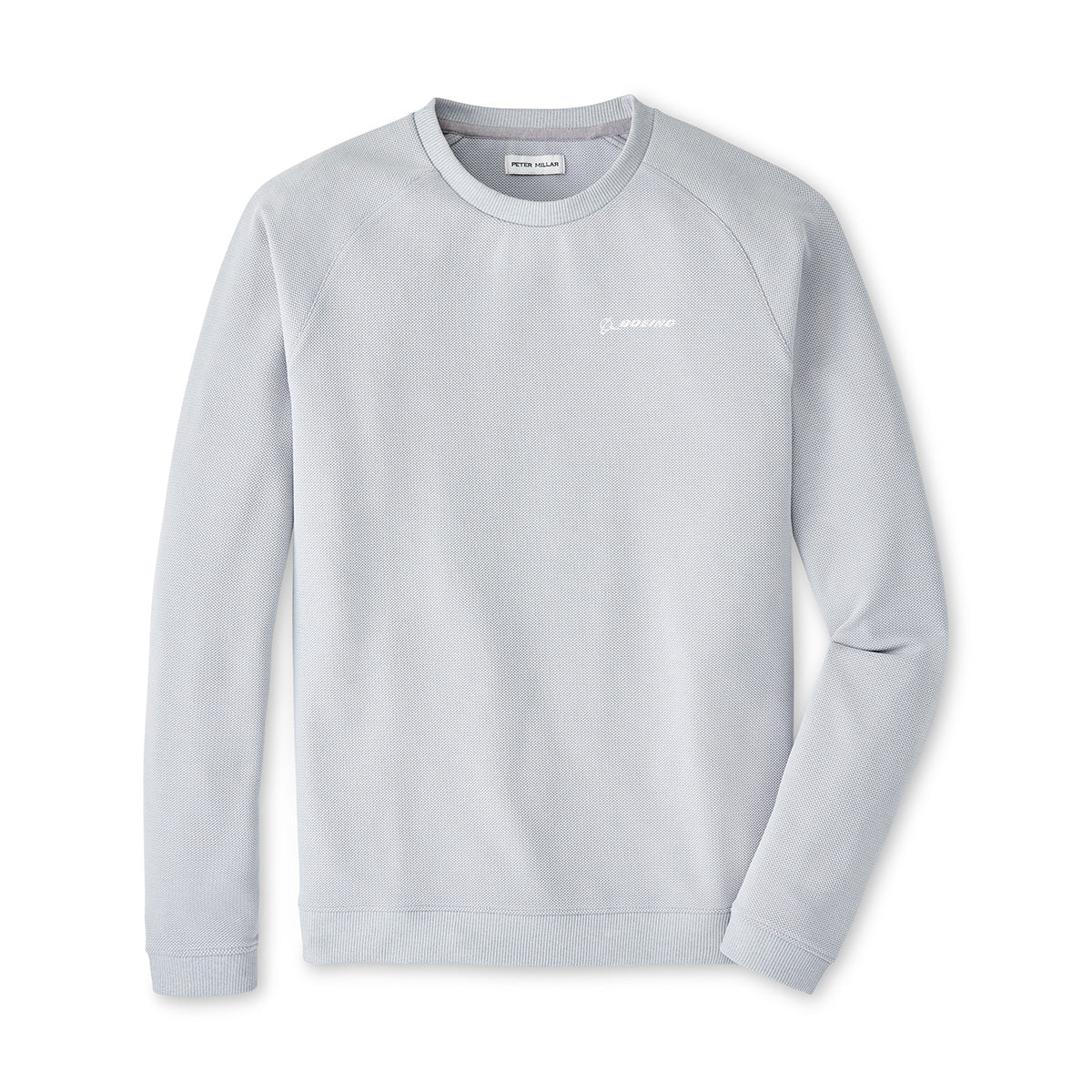 The Peter Millar Boeing Men’s Cradle Pique Crewneck, a light gray long-sleeve sweatshirt with the Boeing logo in small white text on the left chest, is laid flat on a white background.