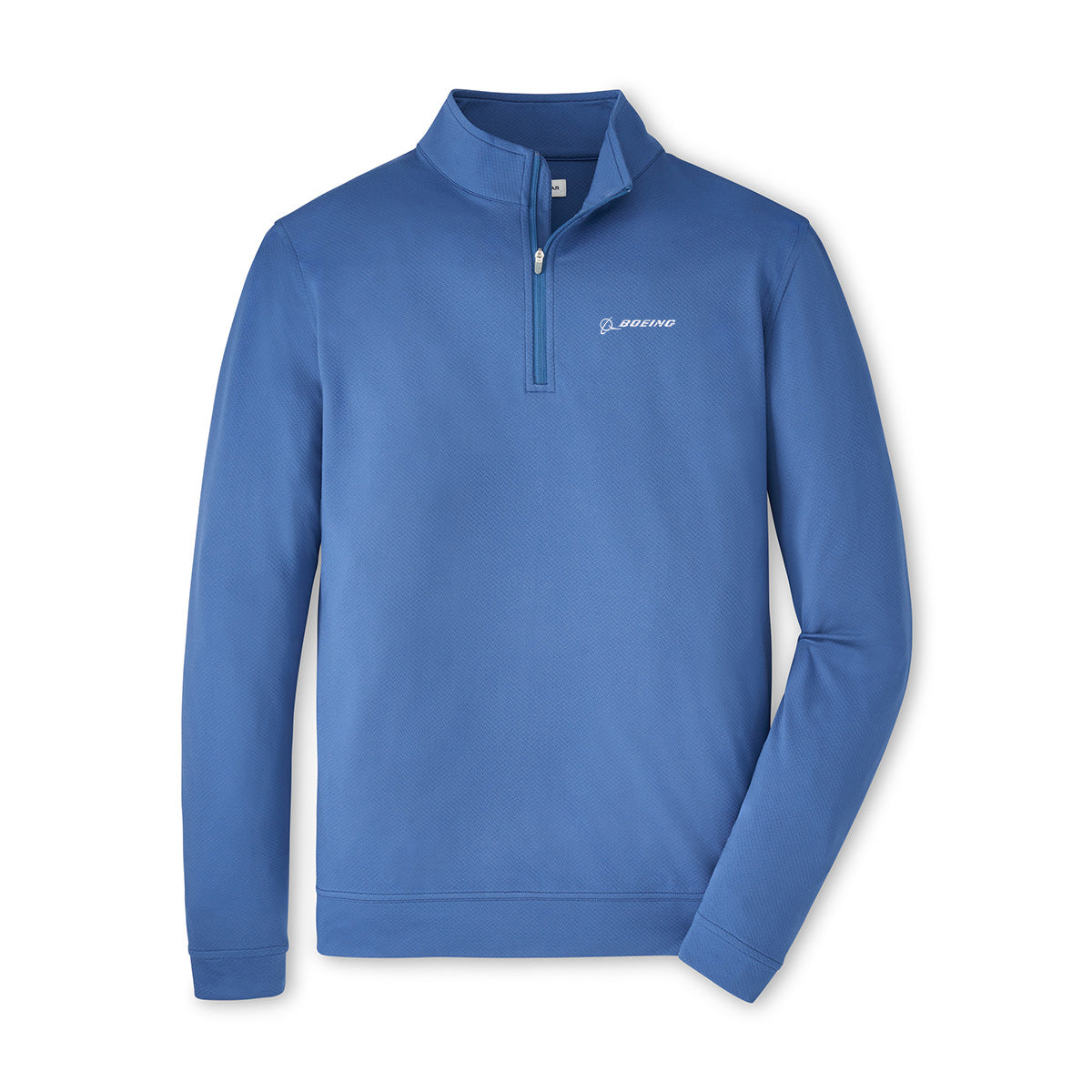 The Peter Millar Boeing Men’s Perth Cross-Hatch Quarter-Zip is a blue pullover with long sleeves and a stand-up collar, featuring the Boeing logo embroidered in white on the left chest. Displayed on a plain white background.
