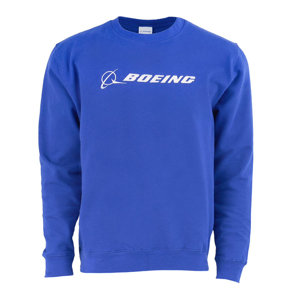 The Boeing Signature Logo Unisex College Crewneck Sweatshirt by BOEING is a royal blue, long-sleeve crewneck featuring the white Boeing logo and text on the chest, with no hood or pockets.